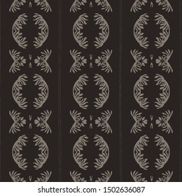 Hand drawn damask stripe seamless pattern. Modern japanese medallion motif on moody dark brown. Ecru elegant neutral tones. All over print for asian homedecor, fashion. Vector swatch repeat