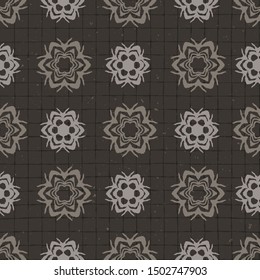 Hand drawn damask stripe seamless pattern. Modern japanese medallion motif on moody dark brown. Ecru elegant neutral tones. All over print for asian homedecor, fashion. Vector swatch repeat