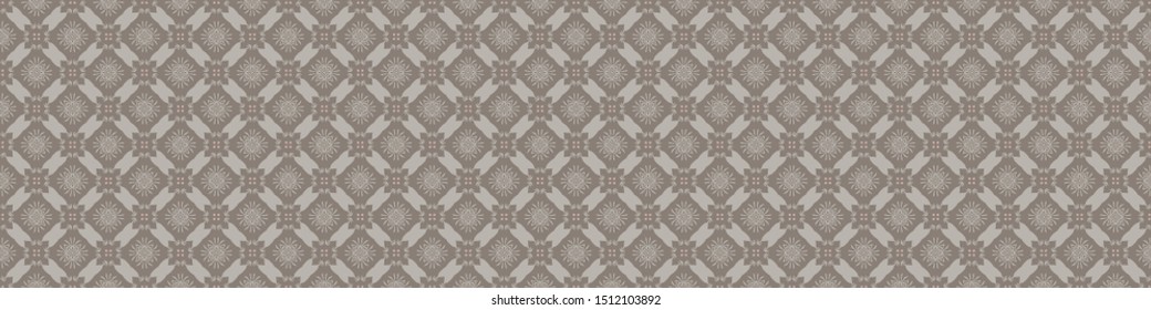 Hand drawn damask stripe seamless border pattern. Modern japanese edging medallion motif on light homespun brown. Ecru elegant neutral tones bodure. Asian trendy homedecor, fashion. Vector ribbon trim