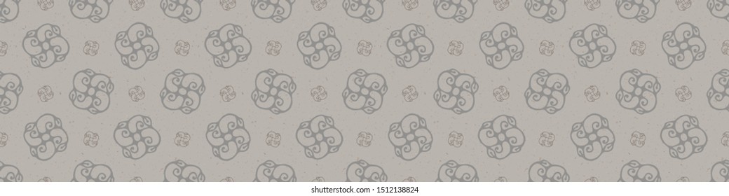Hand drawn damask stripe seamless border pattern. Modern japanese medallion motif on moody tonal gray. Ecru elegant neutral tones. Washi tape stationery ribbon trim, asian fashion edging bordure.

