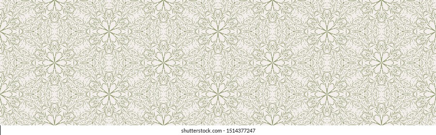 Hand drawn damask stripe seamless border pattern. Modern japanese edging medallion motif on light homespun brown. Ecru elegant neutral tones bodure. Asian trendy homedecor, fashion. Vector ribbon trim