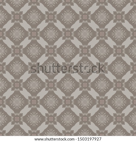 Hand drawn damask stripe seamless pattern. Modern japanese medallion motif on moody dark brown. Ecru elegant neutral tones. All over print for asian homedecor, fashion. Vector swatch repeat