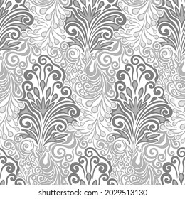 Patrón gris de estilo damasco dibujado a mano sobre un fondo blanco. Patrón sin foco, vector.