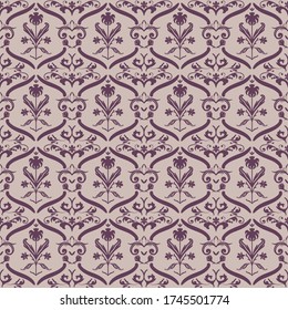 Hand drawn Damask Style pattern with leaves, stems, flowers, buds and swirls in purple on fashionable tan color background.Can be used for fabrics, wallpapers, wrapping paper,backdrops and decoration
