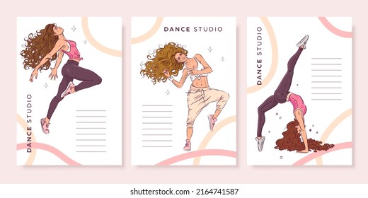 Hand drawn dance studio poster collection. Vector illustration of beautiful young dancing women