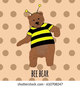 Hand drawn dancing bear in bee costume. Vector sketch illustration 