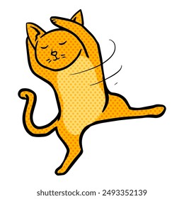 Hand drawn dancing cat halftone color vector illustration