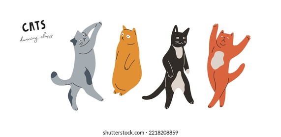 Hand drawn dancing cats isolated on white background. Cute vector illustration.