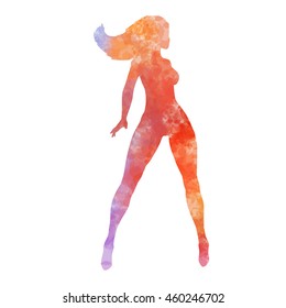 Hand drawn dancing girl, vector watercolor silhouette on white background.