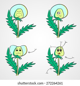 Hand drawn dandelion with different emotions. Vector illusatrtion