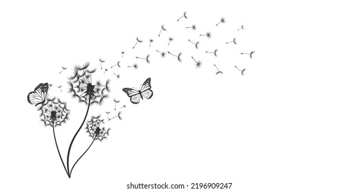 León dibujado a mano con semillas voladoras y mariposas en tierno estilo de doodle sobre banner de fondo blanco. Ilustración vectorial para tela, diseño de tarjeta, cubierta, ropa de bebé, decoración de pared y más.