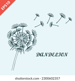 Dandelion dibujado a mano con semillas voladoras, diseño de dientes vectores plano ilustración aislada moderna