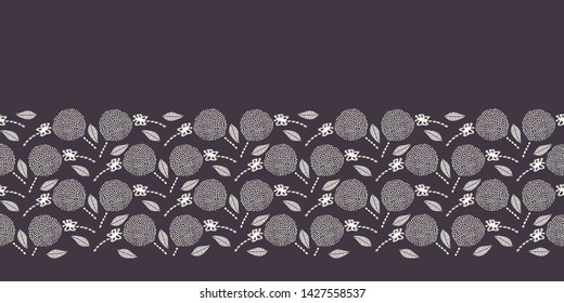 Hand drawn dandelion seed flower with butterfly border. Repeating nature ribbon trim. Monochrome surface design textile banner. Modern simple decor edging. Minimal style seamless floral background. 