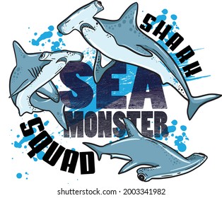 Hand drawn Dangerous shark attach slogan.  background for boys and girls,  For prints, T-shirts, textiles,fabric, web. 