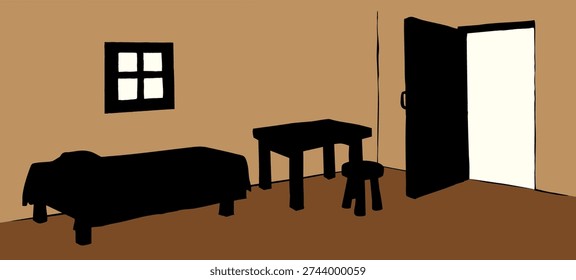 Hand drawn dark black ink outline cozy simple Poor jew estate floor white light small wood gate new Arab rest relax. East Asian Israel jewish past age poverty biblic folk guest inn desk bench seat sit cover blanket doodle line cartoon bible art style