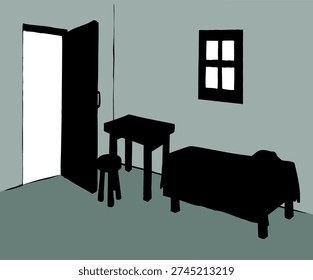 Hand drawn dark black ink outline cozy simple Poor jew estate floor white light small wood gate new Arab rest relax. East Asian Israel jewish past age poverty biblic folk guest inn desk bench seat sit cover blanket doodle line cartoon bible art style