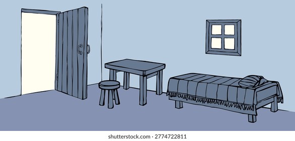 Hand drawn dark black ink outline cozy simple Poor jew estate floor white light small wood gate new Arab rest relax. East Asian Israel jewish past age poverty biblic folk guest inn desk bench seat sit cover blanket doodle line cartoon bible art style