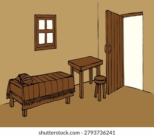 Hand drawn dark black ink outline cozy simple Poor jew estate floor white light small wood gate new Arab rest relax. East Asian Israel jewish past age poverty biblic folk guest inn desk bench seat sit cover blanket doodle line cartoon bible art style