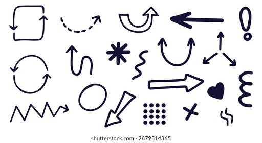 Hand drawn dark blue arrows shapes and symbols on white background doodle