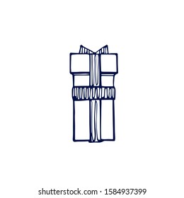 Hand drawn dark blue gift box isolated on white background. Vector illustration