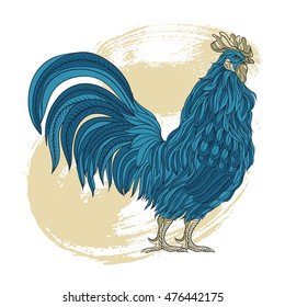 Hand drawn dark blue rooster in line art style. Vector illustration. Symbol of chinese new year.