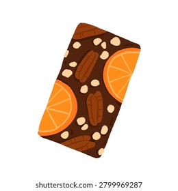Hand drawn dark chocolate bar with dried orange slice, pecan and puffed rice vector illustration