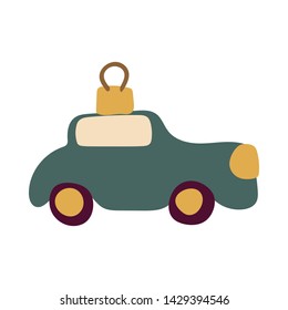 Hand drawn dark green car Christmas tree toy illustration. Hand drawn clipart. Flat style illustration. Greeting card, poster, design element. Vector