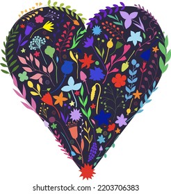 Hand drawn dark rainbow heart of flower elements isolated on white background. For cards, invitations, save the date cards