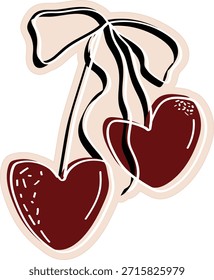 Hand Drawn Dark Red Heart Shaped Cherries with Black Ribbon Bow Coquette Illustration