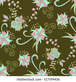 Hand drawn dark seamless pattern. Floral orient retro background for textile, fabric, wrapping, paper, cloth. Pastel ornate detailed flowers on dark background