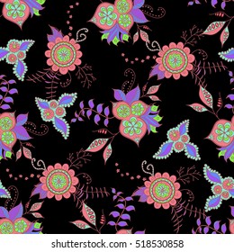 Hand drawn dark seamless pattern. Floral orient retro background for textile, fabric, wrapping, paper, cloth. Pastel ornate detailed flowers on dark background