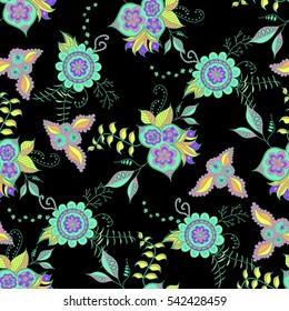 Hand drawn dark seamless pattern. Floral orient retro background for textile, fabric, wrapping, paper, cloth. Pastel ornate detailed flowers on dark background