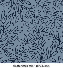 Hand drawn dark violet branches with leaves on calm blue-gray background. Seamless floral doodle pattern. Suitable for packaging, textile.