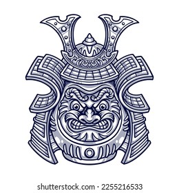 Hand drawn of Daruma Japanese with samurai helmet illustration