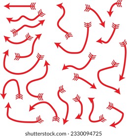 Hand drawn dashed arrows. Vector illustration. Sketch curved. Doodle arrows