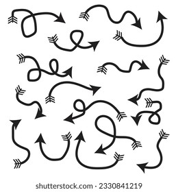Hand drawn dashed arrows. Vector illustration. Sketch curved. Doodle arrows