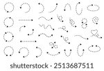 Hand drawn dashed line arrows set on white background. Single and double head. Wavy curves, circles, waves, hearts, infinity, back, u-turn, roll. Vector sketch design symbols.