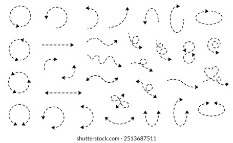 Setas de linha tracejada desenhadas à mão definidas em plano de fundo branco. Cabeça única e dupla. Curvas onduladas, círculos, ondas, corações, infinito, volta, volta, rolar. Símbolos de design de esboço vetorial.