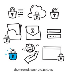Hand drawn data protection icons in doodle style isolated vector.