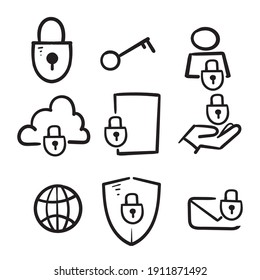 Hand Drawn Data Protection Icons In Doodle Style, Isolated Vector.