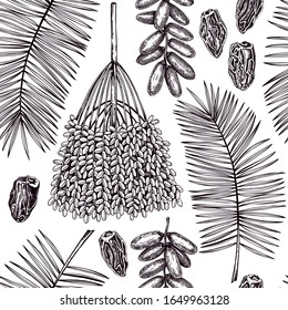 Hand Drawn Dates Leaves, Fresh And Dried Fruits, Palm Sketches Seamless Pattern. Dehydrated Fruit In Engraved Style Background. Realistic Oriental Sweets Vector Illustration. Dried Dates Backdrop.