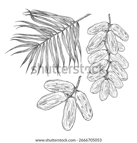 Hand drawn dates on branch sketch. Vintage dehydrated fruits in engraved style. Delicious healthy dessert - dried dates. Realistic oriental sweets vector illustrations.