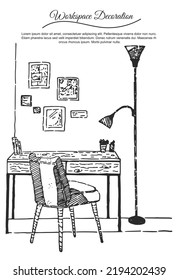 Hand drawn dawn illustration workspace.Hand drawn sketch of modern workspace with work desk, designer chair, lamp and some books