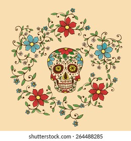 Hand drawn Day of The Dead colorful Skull with floral ornament in flower garland