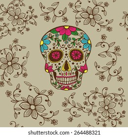 Hand drawn Day of The Dead colorful sugar skull with floral ornament and flower seamless pattern.