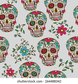 Hand drawn Day of The Dead colorful sugar skull with floral ornament and flower seamless pattern. Grey background