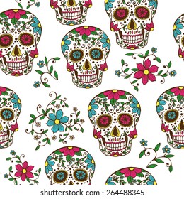 Hand Drawn Day Of The Dead Colorful Sugar Skull With Floral Ornament And Flower Seamless Pattern. White Background