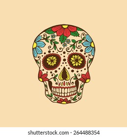 Hand drawn Day of The Dead colorful Skull with floral ornament 