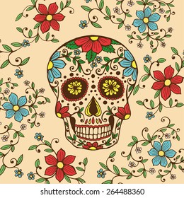 Hand drawn Day of The Dead colorful skull with floral ornament 