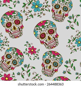 Hand drawn Day of The Dead colorful skull with floral ornament and flower seamless pattern. Grey background